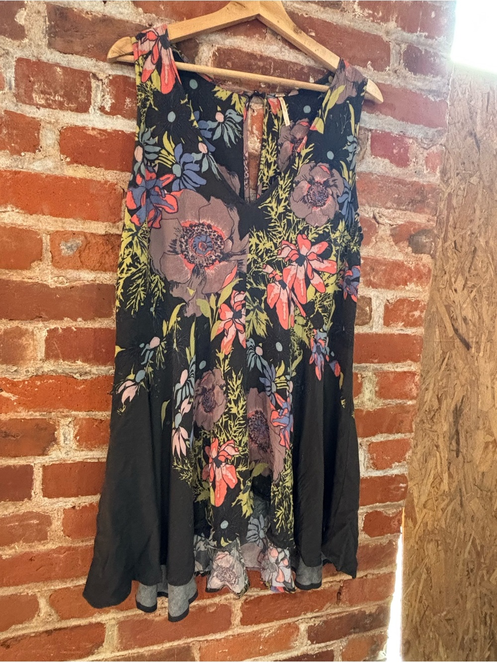 Free People Black Mini Dress with Pink, Purple & Green Floral Print